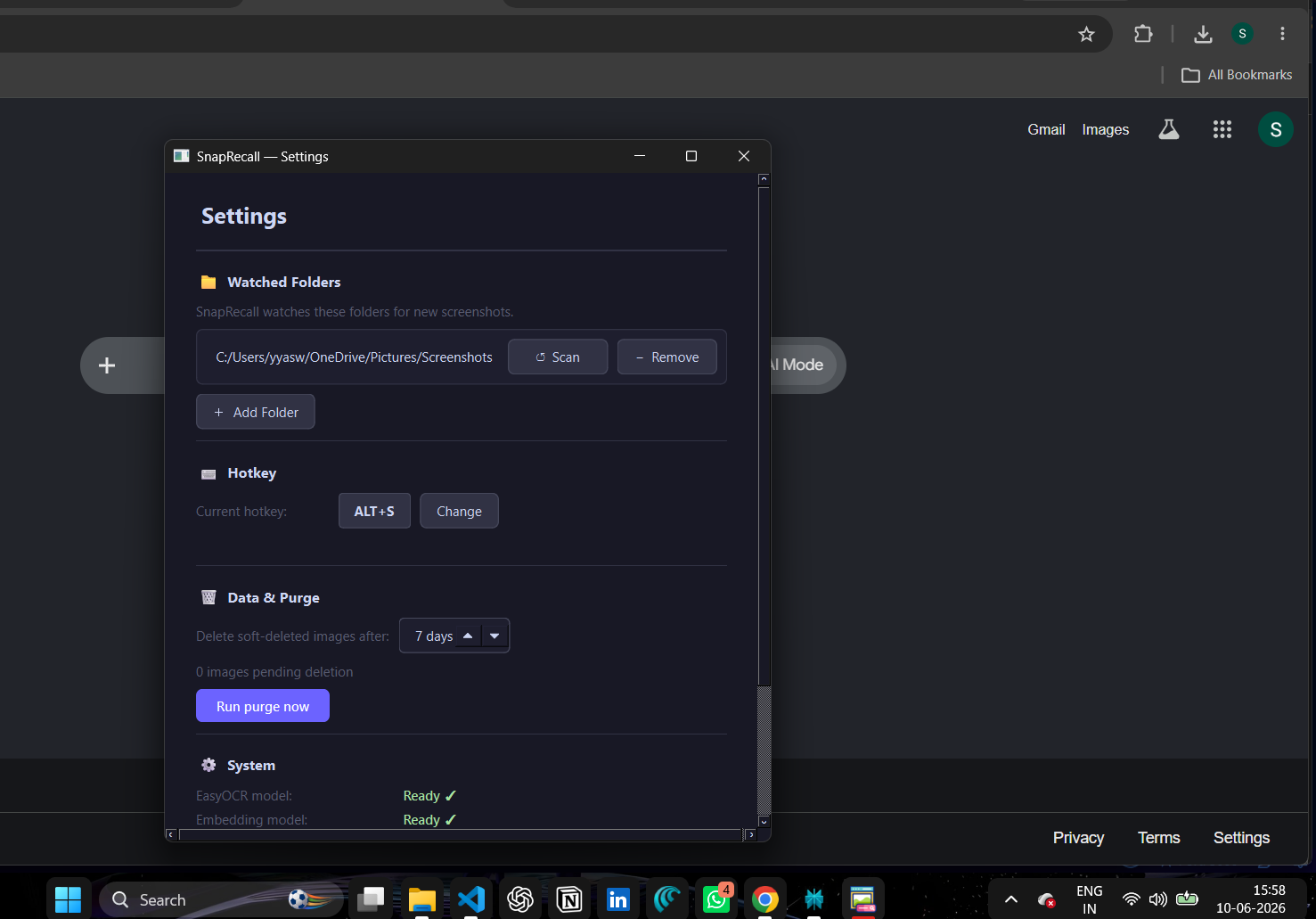 Settings — add watched folders